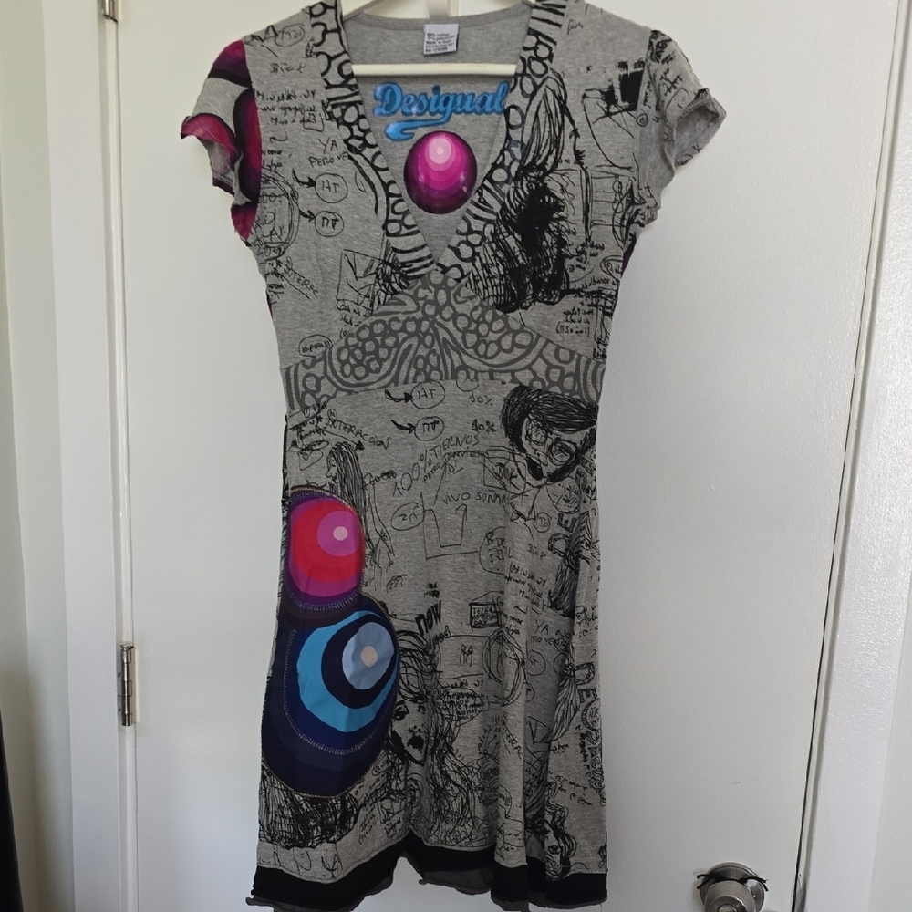 Desigual Gray Sundress with Flutter Sleeves and Scoop Neck